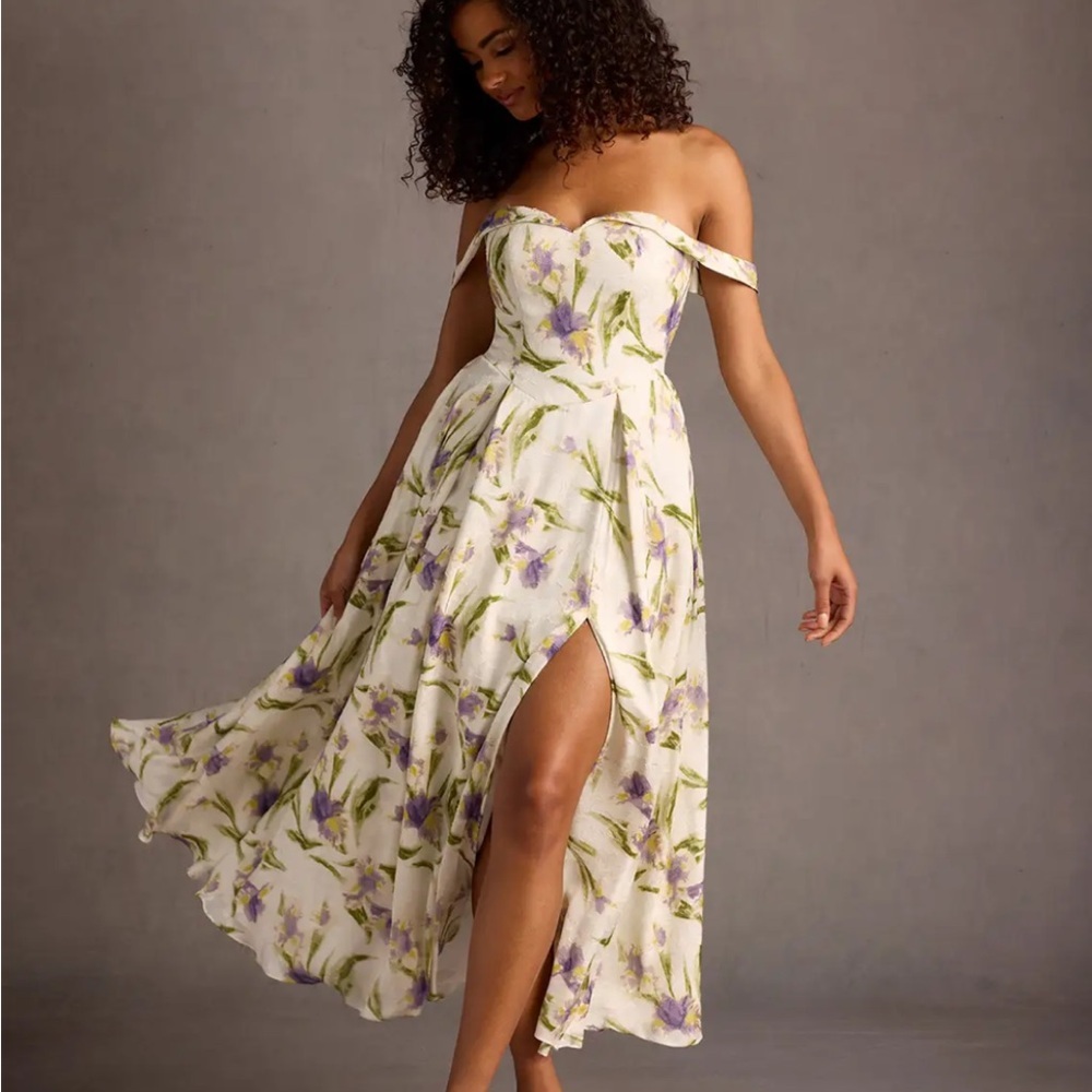 NWT Azazie Atelier Alexie Tulip Print Maxi Dress 12 White Iris Floral Dance Prom